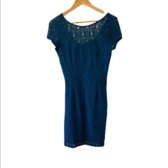 DORORTHY PERKINS Teal Lace Lined Sweetheart Short Sleeve Knee Length Dress 12UK - Picture 4 of 12